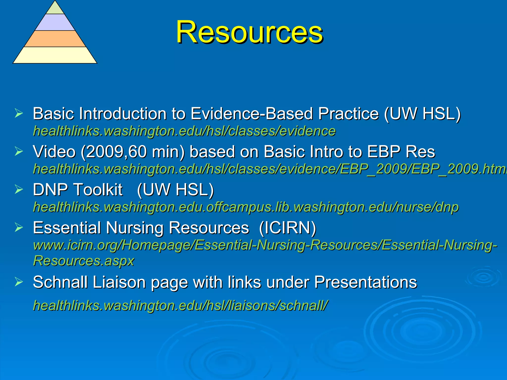 Resources Basic Introduction to Evidence-Based Practice (UW HSL)  healthlinks.washington.edu/hsl/classes/evidence Video (2009,60 min) based on Basic Intro to EBP Res  healthlinks.washington.edu/hsl/classes/evidence/EBP_2009/EBP_2009.html DNP Toolkit  (UW HSL)  healthlinks.washington.edu.offcampus.lib.washington.edu/nurse/dnp Essential Nursing Resources  (ICIRN)  www.icirn.org/Homepage/Essential-Nursing-Resources/Essential-Nursing-Resources.aspx Schnall Liaison page with links under Presentations healthlinks.washington.edu/hsl/liaisons/schnall/ 