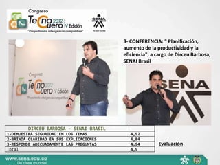 3- CONFERENCIA: " Planificación,
                                         aumento de la productividad y la
                                         eficiencia", a cargo de Dirceu Barbosa,
                                         SENAI Brasil




         DIRCEU BARBOSA – SENAI BRASIL
1-DEMUESTRA SEGURIDAD EN LOS TEMAS          4,92
2-BRINDA CLARIDAD EN SUS EXPLICACIONES      4,84
3-RESPONDE ADECUADAMENTE LAS PREGUNTAS      4,94        Evaluación
Total                                       4,9
 