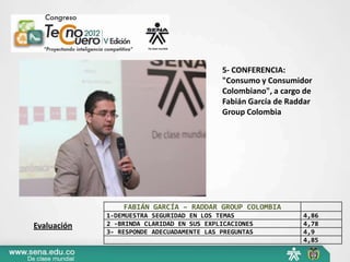 5- CONFERENCIA:
                                           "Consumo y Consumidor
                                           Colombiano", a cargo de
                                           Fabián García de Raddar
                                           Group Colombia




                 FABIÁN GARCÍA – RADDAR GROUP COLOMBIA
             1-DEMUESTRA SEGURIDAD EN LOS TEMAS                4,86
Evaluación   2 -BRINDA CLARIDAD EN SUS EXPLICACIONES           4,78
             3- RESPONDE ADECUADAMENTE LAS PREGUNTAS           4,9
                                                               4,85
 