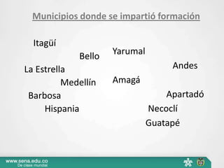 Municipios donde se impartió formación

  Itagüí
             Bello   Yarumal
La Estrella                         Andes
          Medellín   Amagá
 Barbosa                           Apartadó
     Hispania                  Necoclí
                               Guatapé
 