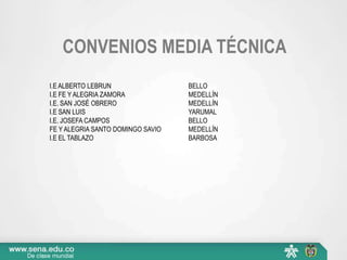 CONVENIOS MEDIA TÉCNICA
I.E ALBERTO LEBRUN                 BELLO
I.E FE Y ALEGRIA ZAMORA            MEDELLÍN
I.E. SAN JOSÉ OBRERO               MEDELLÍN
I.E SAN LUIS                       YARUMAL
I.E. JOSEFA CAMPOS                 BELLO
FE Y ALEGRIA SANTO DOMINGO SAVIO   MEDELLÍN
I.E EL TABLAZO                     BARBOSA
 