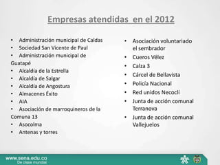 Empresas atendidas en el 2012

• Administración municipal de Caldas   • Asociación voluntariado
• Sociedad San Vicente de Paul           el sembrador
• Administración municipal de          • Cueros Vélez
Guatapé
                                       • Calza 3
• Alcaldía de la Estrella
                                       • Cárcel de Bellavista
• Alcaldía de Salgar
• Alcaldía de Angostura                • Policía Nacional
• Almacenes Éxito                      • Red unidos Necoclí
• AIA                                  • Junta de acción comunal
• Asociación de marroquineros de la      Terranova
Comuna 13                              • Junta de acción comunal
• Asocolma                               Vallejuelos
• Antenas y torres
 