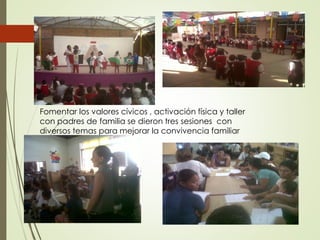 Fomentar los valores cívicos , activación física y taller
con padres de familia se dieron tres sesiones con
diversos temas para mejorar la convivencia familiar
 