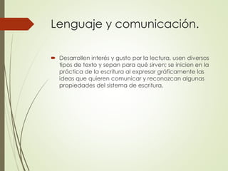 Lenguaje y comunicación.
 Desarrollen interés y gusto por la lectura, usen diversos
tipos de texto y sepan para qué sirven; se inicien en la
práctica de la escritura al expresar gráficamente las
ideas que quieren comunicar y reconozcan algunas
propiedades del sistema de escritura.
 