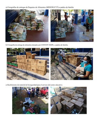 a) Fotografías de entregas de Paquetes de Alimentos (MINEDUCYT) a padres de familia
b) Fotografía de entrega de alimentos donados por CONVOY HOPE, a padres de familia.
c) Recibimiento de material de bioseguridad para el servicio del centro educativo.
 