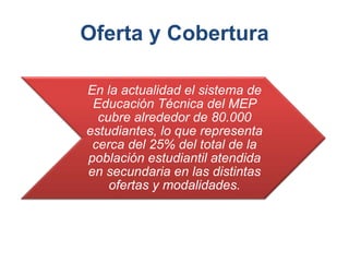 Oferta y Cobertura
En la actualidad el sistema de
Educación Técnica del MEP
cubre alrededor de 80.000
estudiantes, lo que representa
cerca del 25% del total de la
población estudiantil atendida
en secundaria en las distintas
ofertas y modalidades.
 
