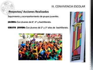 CONVIVENCIA ESCOLAR
Seguimiento y acompañamiento de grupos juveniles:
JACRIS: Con jóvenes de 8°, 9° y bachillerato.
CRISTO JOVEN: Con jóvenes de 2° y 3° años de bachillerato.
Proyectos/ Acciones Realizadas
III. CONVIVENCIA ESCOLAR
 