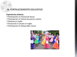 CONVIVENCIA ESCOLAR
IV. FORTALECIMIENTO EDUCATIVO
Experiencias exitosas.
Participación en Festival de Danza
Participación en festival de poesía y teatro.
Deletreo en Inglés.
Festival de la canción en Inglés
Participación en Dibujo (Mes cívico)
 