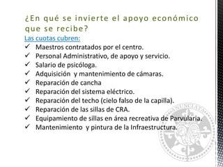 RECURSOS FINANCIEROS
¿En qué se invierte el apoyo económico
que se recibe?
Las cuotas cubren:
 Maestros contratados por el centro.
 Personal Administrativo, de apoyo y servicio.
 Salario de psicóloga.
 Adquisición y mantenimiento de cámaras.
 Reparación de cancha
 Reparación del sistema eléctrico.
 Reparación del techo (cielo falso de la capilla).
 Reparación de las sillas de CRA.
 Equipamiento de sillas en área recreativa de Parvularia.
 Mantenimiento y pintura de la Infraestructura.
 