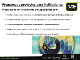 Programas y proyectos para instituciones
-----------------------------------------------------------------------------------------------------------------------

Programa de Fortalecimiento de Capacidades en PI
      • Aliados: Colciencias, Tecnnova e Instituto Nacional de Propiedad Industrial (Brasil)

      • 56 Profesionales a quienes se les fortalecieron sus capacidades en temas de PI.

      • 27 Instituciones que recibieron la trasferencia de conocimientos.

      • 39 expertos como mentores del proceso (29 nacionales y 10 internacionales)

      • Se identificaron 26 Tecnologías con potencial para caso de éxito.
 