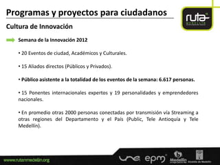 Programas y proyectos para ciudadanos
-----------------------------------------------------------------------------------------------------------------------

Cultura de Innovación
        Semana de la Innovación 2012

        • 20 Eventos de ciudad, Académicos y Culturales.

        • 15 Aliados directos (Públicos y Privados).

        • Público asistente a la totalidad de los eventos de la semana: 6.617 personas.

        • 15 Ponentes internacionales expertos y 19 personalidades y emprendedores
        nacionales.

        • En promedio otras 2000 personas conectadas por transmisión vía Streaming a
        otras regiones del Departamento y el País (Public, Tele Antioquía y Tele
        Medellín).
 