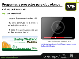 Programas y proyectos para ciudadanos
-----------------------------------------------------------------------------------------------------------------------

Cultura de Innovación
        Startup Weekend

        • Numero de personas inscritas: 100.

        • 36 horas contínuas en la creación
          de aplicaciones móviles.

        • 2 ideas de negocio ganadoras que
          reciben apoyo de Ruta N.



                                                                                         Startup Weekend Medellín 2012
                                                                            http://www.youtube.com/watch?feature=player_embed
                                                                            ded&v=GqHwhS-dpsA
 