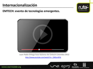 Internacionalización
-----------------------------------------------------------------------------------------------------------------------

EMTECH: evento de tecnologías emergentes.




                            Juan Pablo Ortega hace balance de Emtech Colombia 2012
                                      http://www.youtube.com/watch?v=_ElXGon9FIk
 