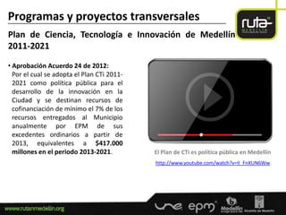 Programas y proyectos transversales
-----------------------------------------------------------------------------------------------------------------------

Plan de Ciencia, Tecnología e Innovación de Medellín
2011-2021
• Aprobación Acuerdo 24 de 2012:
  Por el cual se adopta el Plan CTi 2011-
  2021 como política pública para el
  desarrollo de la innovación en la
  Ciudad y se destinan recursos de
  cofinanciación de mínimo el 7% de los
  recursos entregados al Municipio
  anualmente por EPM de sus
  excedentes ordinarios a partir de
  2013, equivalentes a $417.000
  millones en el periodo 2013-2021.                                            El Plan de CTi es política pública en Medellín
                                                                                http://www.youtube.com/watch?v=Il_FnXUN6Ww
 