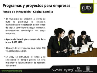 Programas y proyectos para empresas
-----------------------------------------------------------------------------------------------------------------------

Fondo de Innovación - Capital Semilla

  • El municipio de Medellín a través de
   Ruta N promueve la creación,
   estructuración y operación de un fondo
   de capital semilla para apoyar iniciativas
   empresariales tecnológicas en etapa
   temprana.

  • Aporte del Municipio a través de Ruta
    N por 5,000 MM.

  • El rango de inversiones estará entre 200
   y 1,000 millones COP.

  • En 2012 se estructuró el fondo y se
    seleccionó el equipo gestor. Se está
    iniciando el levantamiento de recursos
    adicionales.
 