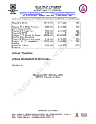COLEGIO SAN FRANCISCO
INSTITUCION EDUCATIVA DISTRITAL
Resolución 2494 del 27 de Agosto de 2002
“un proyecto de mejoramiento en la calidad de vida para la comunidad de Ciudad Bolívar”
WEB: www.sanfranciscoied.edu.co Email: coldisanfrancisco19@redp.edu.co
NIT N° 800.165.705-4 DANE N° 11100176931 CODIGO POSTAL: 111941
“UN MOMENTO, DÉJAME PENSAR”
SEDE A CARRERA 22 N° 64-29 S. TELEFONOS : 7-178689 FAX. 7 174266 BOGOTÁ D.C. CP: 111941
SEDE B CARRERA 20C N° 67-00 S. TELEFONOS : 7-313004 BOGOTÁ D.C.
SEDE C CARRERA 20A N° 67-65 S. TELEFONOS : 7-188205 BOGOTÁ D.C.
Continuación acta de Audiencia Pública de Rendición de cuentas 2014 a la comunidad educativa
Proyecto N° 2 ECE 14.748.000 6.774.000 46%
Proyecto N° 3 Medio Ambiente y
prevención de desastres
2.658.000 2.100.000 79%
Proyecto N° 4 Tiempo Libre 7.500.000 2.412.000 32%
Proyecto N° 5 PES 2.172.000 0 0%
Proyecto N° 6 Compra de Equipo
Beneficio de los Estudiantes
39.632.000 39.438.440 100%
Proyecto N° 9 Fomento de la cultura 3.142.000 2.750.000 88%
Proyecto N° 10 Investigación y
Estudios
18.939.000 15.455.299 82%
proyecto N° 11 Otros
Proyectos
5.052.900 5.052.900 100%
INFORME PEDAGOGICO
INFORME COORDINACION DE CONVIVENCIA
Cordialmente,
CESAR ALBERTO LOPEZ MALAGON
RECTOR- Ordenador del Gasto
 