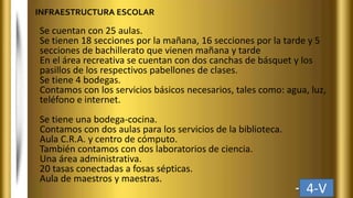 Se cuentan con 25 aulas.
Se tienen 18 secciones por la mañana, 16 secciones por la tarde y 5
secciones de bachillerato que vienen mañana y tarde
En el área recreativa se cuentan con dos canchas de básquet y los
pasillos de los respectivos pabellones de clases.
Se tiene 4 bodegas.
Contamos con los servicios básicos necesarios, tales como: agua, luz,
teléfono e internet.
Se tiene una bodega-cocina.
Contamos con dos aulas para los servicios de la biblioteca.
Aula C.R.A. y centro de cómputo.
También contamos con dos laboratorios de ciencia.
Una área administrativa.
20 tasas conectadas a fosas sépticas.
Aula de maestros y maestras.
INFRAESTRUCTURA ESCOLAR
4-V
 