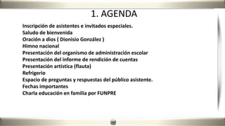 1. AGENDA
Inscripción de asistentes e invitados especiales.
Saludo de bienvenida
Oración a dios ( Dionisio González )
Himno nacional
Presentación del organismo de administración escolar
Presentación del informe de rendición de cuentas
Presentación artística (flauta)
Refrigerio
Espacio de preguntas y respuestas del público asistente.
Fechas importantes
Charla educación en familia por FUNPRE
 