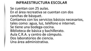 Se cuentan con 25 aulas.
En el área recreativa se cuentan con dos
canchas de básquet.
Contamos con los servicios básicos necesarios,
tales como: agua, luz, teléfono e internet.
Se tiene una bodega-cocina.
Biblioteca de básica y bachillerato.
Aula C.R.A. y centro de cómputo.
Dos laboratorios de ciencia.
Una área administrativa.
INFRAESTRUCTURA ESCOLAR
 