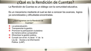 ¿Qué es la Rendición de Cuentas?
La Rendición de Cuentas es un diálogo con la comunidad educativa.
Es un mecanismo mediante el cual se dan a conocer los avances, logros
ya concretizados y dificultades encontradas.
¿Qué logramos con la Rendición de
Cuentas?
❁ La autoevaluación.
❁ Transparentar la gestión.
❁ Promover la participación ciudadana
de manera activa y propositiva
❁ Eficientizar la gestión pública.
❁ Cumplir con el Art. 4 Literal “h” de la
Ley de Acceso a la Información
Pública (LAIP)
 