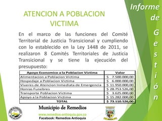 ATENCION A POBLACION 
VICTIMA 
En el marco de las funciones del Comité 
Territorial de Justicia Transicional y cumpliendo 
con lo establecido en la Ley 1448 de 2011, se 
realizaron 8 Comités Territoriales de Justicia 
Transicional y se tiene la ejecución del 
presupuesto: 
Apoyo Economico a la Poblacion Victima Valor 
Alimentacion a Poblacion Victima $ 7.500.000,00 
Hospedaje a Poblacion Victima $ 6.000.000,00 
Viveres de Atencion Inmediata de Emergencia $ 11.950.000,00 
Honras Funebres $ 28.753.526,00 
Transporte Poblacion Victima $ 3.625.000,00 
Apoyo a la Poblacion Victima $ 15.282.000,00 
TOTAL $ 73.110.526,00 
Municipio de Remedios 
www.remedios-antioquia.gov.co 
Facebook: Remedios Antioquia 
 