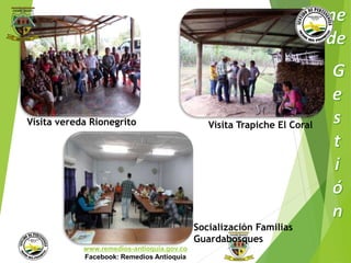 Visita vereda Rionegrito 
Municipio de Remedios 
www.remedios-antioquia.gov.co 
Facebook: Remedios Antioquia 
Visita Trapiche El Coral 
Socialización Familias 
Guardabosques 
 