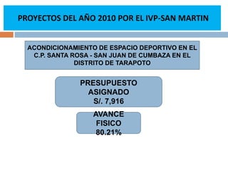  PROYECTOS DEL AÑO 2010 MEJORAMIENTO DE LA INFRAESTRUCTURA VIAL URBANA DEL JR. ALONSO DE ALVARADO CDRAS. DEL 06 AL 09, EN EL DISTRITO DE TARAPOTOPRESUPUESTO ASIGNADOS/. 54,768AVANCE FISICO 83.19%