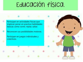 Participan en actividades físicas que
implican poner en practica habilidades
básicas como correr, reptar, saltar.
Reconocen sus posibilidades motoras.
Participan en juegos individuales y
colectivos.
 