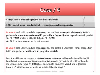 La voce 4  sarà utilizzata dalle organizzazioni che hanno  erogato a loro volta tutte o parte delle somme ricevute con il 5 per mille a favore di altre organizzazioni , perché: ALFA ITALIA sostiene attività delle ALFA LOCALI ALFA è un ente erogatore (grant making) La voce 5  sarà utilizzata dalle organizzazioni che scelto di utilizzare i fondi percepiti in tutto o in parte per  realizzare un progetto speciale . In entrambi i casi deve essere  elaborata una relazione  nella quale siano illustrati i beneficiari, le somme corrisposte e le attività svolte (voce4), le attività svolte e le spese sostenute (voce 5) dettagliate secondo le prime tre voci di spesa (Risorse Umane, Costi di funzionamento, Acquisto di beni e servizi)  Come rendicontare il 5 per mille - Ciessevi Cosa / 4 4. Erogazioni ai sensi della propria finalità istituzionale € 5. Altre voci di spesa riconducibili al raggiungimento dello scopo sociale € 