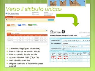 Verso il «tributo unico»
 2 scadenze (giugno dicembre)
 Unico F24 con tre codici tributo
 Unica cartella fiscale locale
 Accessibile DA TUTTI (CF/CDI)
 50% di utilizzo on line
 Miglior controllo e risparmio spese
postali
 