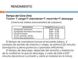 33
RENDIMIENTO
Tiempo del Ciclo (Tm):
Tciclo= T.carga+T.maniobras+T.recorrido+T.descarga
El tiempo de maniobras incluye el...