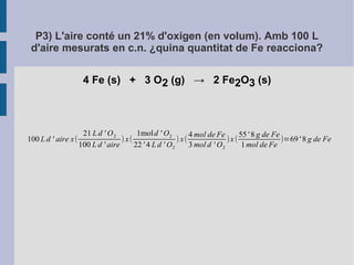 P3) L'aire conté un 21% d'oxigen (en volum). Amb 100 L 
d'aire mesurats en c.n. ¿quina quantitat de Fe reacciona? 
4 Fe (s) + 3 O2 (g) → 2 Fe2O3 (s) 
100 L d ' aire x( 
21 L d ' O2 
100 L d ' aire ) x( 
1mold ' O2 
22 ' 4 L d ' O2 
) x( 4mol de Fe 
3mol d ' O2 
) x (55' 8 g de Fe 
1mol de Fe )=69' 8 g de Fe 
 