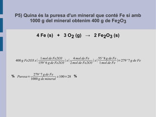 P5) Quina és la puresa d'un mineral que conté Fe si amb 
1000 g del mineral obtenim 400 g de Fe2O3 
4 Fe (s) + 3 O2 (g) → 2 Fe2O3 (s) 
400 g Fe2O3 x( 
1mol de Fe2O3 
159' 6 g de Fe2O3 ) x( 
4mol de Fe 
2mol de Fe2O3 ) x( 
% % 
55' 8 g de Fe 
1mol de Fe )=279' 7 g de Fe 
Puresa= 
279' 7 g de Fe 
1000 g demineral 
x 100=28 
 