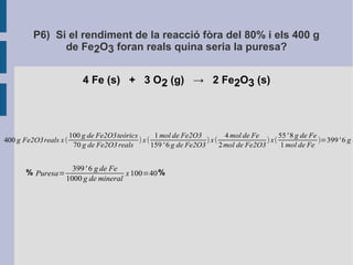 P6) Si el rendiment de la reacció fòra del 80% i els 400 g 
de Fe2O3 foran reals quina seria la puresa? 
4 Fe (s) + 3 O2 (g) → 2 Fe2O3 (s) 
55' 8 g de Fe 
1mol de Fe )=399' 6 g de Puresa= 
400 g Fe2O3reals x ( 
100 g de Fe2O3teòrics 
70 g de Fe2O3 reals ) x ( 
1mol de Fe2O3 
159 ' 6 g de Fe2O3 ) x ( 
% % 
4mol de Fe 
2mol de Fe2O3 ) x( 
399' 6 g de Fe 
1000 g de mineral 
x 100=40 
 