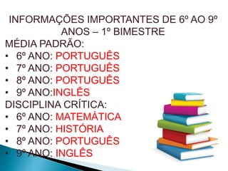 INFORMAÇÕES IMPORTANTES DE 6º AO 9º
ANOS – 1º BIMESTRE
MÉDIA PADRÃO:
• 6º ANO: PORTUGUÊS
• 7º ANO: PORTUGUÊS
• 8º ANO: PORTUGUÊS
• 9º ANO:INGLÊS
DISCIPLINA CRÍTICA:
• 6º ANO: MATEMÁTICA
• 7º ANO: HISTÓRIA
• 8º ANO: PORTUGUÊS
• 9º ANO: INGLÊS
 