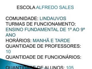 ESCOLA ALFREDO SALES
COMUNIDADE: LINDAUVOS
TURMAS DE FUNCIONAMENTO:
ENSINO FUNDAMENTAL DE 1º AO 9º
ANO
HORÁRIOS: MANHÃ E TARDE
QUANTIDADE DE PROFESSORES:
10
QUANTIDADE DE FUNCIONÁRIOS:
23
 