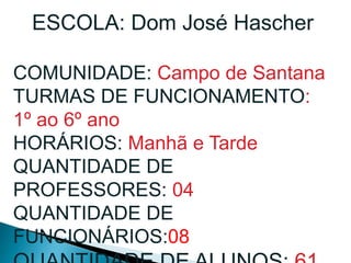 ESCOLA: Dom José Hascher
COMUNIDADE: Campo de Santana
TURMAS DE FUNCIONAMENTO:
1º ao 6º ano
HORÁRIOS: Manhã e Tarde
QUANTIDADE DE
PROFESSORES: 04
QUANTIDADE DE
FUNCIONÁRIOS:08
 