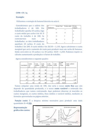 CVM = CV / q

  Exemplo:

   Utilizemos o exemplo do bananal descrito na aula 6:

   Consideremos que o salário dos
 trabalhadores é de 10€. Um
 trabalhador apanha 10 cachos, logo
 o custo médio por cacho é de 1€. O
 custo do trabalho é de 10€. Se
 contratarmos        mais       um
 trabalhador, os dois trabalhadores
 apanham 18 cachos. O custo do
 trabalho é de 20€. O custo médio é de 20/18 = 1,11€. Agora calculemos o custo
 marginal que será o aumento de custo para produzir mais um cacho de bananas.
 Então será entre os 10 cachos e os 18 cachos: 10/8 = 1,25€. Podemos repetir os
 cálculos aumentando a produção e o factor de trabalho.

  Agora consideremos o seguinte quadro:




  Vamos estipular uma renda de 10€, isto seria o nosso custo fixo que não
depende da quantidade produzida, e o nosso custo variável o ordenado dos
trabalhadores que vamos contratando. Aqui podemos observar já inseridos os
custos marginais, os custos médios, fixos médios e variável médios, mediante as
formulas apresentadas na página anterior.

 Função custo: É a despesa mínima necessária para produzir uma dada
quantidade. C = C (Q).

Representação
gráfica dos custos:
 