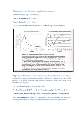 A função custo está relacionada com a função de produção:

 Factores: Capital (K) e Trabalho (L)

 Função de produção: Q = Q (K,L)

 Função Custo: C = C (Q) = rK + wL

 Lei dos rendimentos decrescentes e os custos marginais crescentes:




  Regra do custo mínimo: Para produzir um determinado nível de produto ao
custo mínimo, uma empresa deve comprar os factores produtivos até que tenha
igualado o produto marginal por unidade monetária gasta em cada factor
produtivo. Isto implica:

 Por exemplo utilizando os factores K e L que:

 Produto Marginal de L/Preço de L = Produto marginal de K/Preço de K

 Ou Preço de K/Produto Marginal de K = Preço de L/Produto Marginal de L

  Para os economistas todos os custos devem ser incorporados, mesmo se os
factores pertencerem ao próprio usando-se a noção do custo de oportunidade.
 