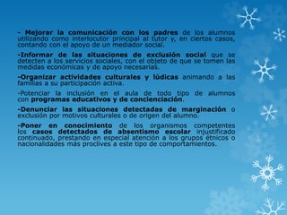 - Mejorar la comunicación con los padres de los alumnos
utilizando como interlocutor principal al tutor y, en ciertos casos,
contando con el apoyo de un mediador social.
-Informar de las situaciones de exclusión social que se
detecten a los servicios sociales, con el objeto de que se tomen las
medidas económicas y de apoyo necesarias.
-Organizar actividades culturales y lúdicas animando a las
familias a su participación activa.
-Potenciar la inclusión en el aula de todo tipo de alumnos
con programas educativos y de concienciación.
-Denunciar las situaciones detectadas de marginación o
exclusión por motivos culturales o de origen del alumno.
-Poner en conocimiento de los organismos competentes
los casos detectados de absentismo escolar injustificado
continuado, prestando en especial atención a los grupos étnicos o
nacionalidades más proclives a este tipo de comportamientos.
 