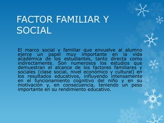 FACTOR FAMILIAR Y
SOCIAL
El marco social y familiar que envuelve al alumno
ejerce un papel muy importante en la vida
académica de los estudiantes, tanto directa como
indirectamente. Son numerosos los estudios que
demuestran el alcance de los factores familiares y
sociales (clase social, nivel económico y cultural) en
los resultados educativos, influyendo intensamente
en el funcionamiento cognitivo del niño y en su
motivación y, en consecuencia, teniendo un peso
importante en su rendimiento educativo.
 
