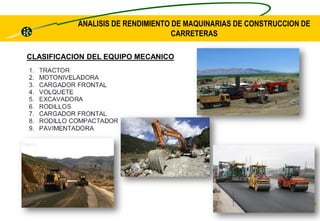 ANALISIS DE RENDIMIENTO DE MAQUINARIAS DE CONSTRUCCION DE CARRETERAS 
CLASIFICACION DEL EQUIPO MECANICO  