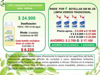 LOC Limpiador Concentrado
para vidrios. RINDE POR 4 BOTELLAS 500 ML DE
LIMPIA VIDRIOS TRADICIONAL.
Precio aprox. : $ 6.900 a $ 10.500
4 X $ 6.900 = $ 27.600
4 X $ 10.500 = $ 42.000
AHORRO ECOLOGICO : 3 ENVASES
Dosificación:
150ml / 350 ml de agua
Rinde: 4 botellas
. rociadoras de 500
Cada botella rociadora
tiene un costo de
$ 24.900 / 4
$ 6.225
Producto formulado para limpiar eficazmente la mayoría de las superficies del baño,
removiendo las manchas difíciles de suciedad y sarro, dejándolas brillantes,
higiénicamente limpias y con un aroma agradable a cítricos. Efectivo en la limpieza
de azulejo, cerámica, fibra de vidrio, porcelana, acero inoxidable, plástico y vinilo.
No expide vapores ni deja residuos.
$ 24.900
AHORRO: $ 2.700 O $ 17.100
 