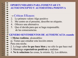 OPORTUNIDADES PARA FOMENTAR UN AUTOCONCEPTO Y AUTOESTIMA POSITIVA    Criticas Eficaces: Lo primero valoro Algo positivo Me centro en el presente, describo no etiqueto.  Ofrezco una alternativa Que el decida para que se haga responsable. de las consecuencias. GENERO SENTIMIENTOS DE AUTOEFICACIA cuando 1. Metas realistas , alcanzables:  ej. Tienes que estudiar esta lección entera Para esta noche. 2. Le hago saber  lo que hace bien  y no sólo lo que hace mal 3. Mantengo  expectativas positivas  y realistas 4.  No le soluciono  las cosas, le oriento. Ej. Los deberes. 