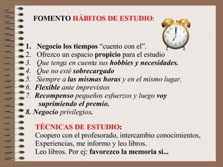 FOMENTO  HÁBITOS DE ESTUDIO : Negocio los tiempos  “cuento con el”. Ofrezco un espacio  propicio  para el estudio Que tenga en cuenta sus  hobbies y necesidades. Que no esté  sobrecargado 5.  Siempre a  las mismas horas  y en el mismo lugar. 6.  Flexible  ante imprevistos 7.  Recompenso  pequeños esfuerzos y luego  voy  suprimiendo el premio. 8. Negocio  privilegios . TÉCNICAS DE ESTUDIO : Coopero con el profesorado, intercambio conocimientos, Experiencias, me informo y leo libros. Leo libros. Por ej:  favorezco la memoria si...  