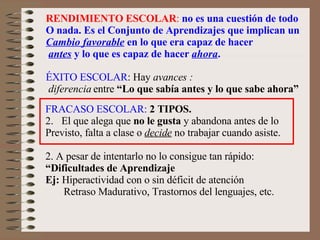 ÉXITO ESCOLAR : Hay  avances : diferencia  entre  “Lo que sabía antes y lo que sabe ahora” FRACASO ESCOLAR:   2 TIPOS. El que alega que  no le gusta  y abandona antes de lo  Previsto, falta a clase o  decide  no trabajar cuando asiste. 2. A pesar de intentarlo no lo consigue tan rápido:  “ Dificultades de Aprendizaje Ej:  Hiperactividad con o sin déficit de atención Retraso Madurativo, Trastornos del lenguajes, etc. RENDIMIENTO ESCOLAR :  no es una cuestión de todo O nada. Es el Conjunto de Aprendizajes que implican un Cambio favorable  en lo que era capaz de hacer antes  y lo que es capaz de hacer  ahora .  