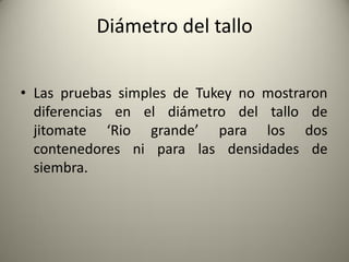 • Las pruebas simples de Tukey no mostraron
diferencias en el diámetro del tallo de
jitomate ‘Rio grande’ para los dos
contenedores ni para las densidades de
siembra.
Diámetro del tallo
 