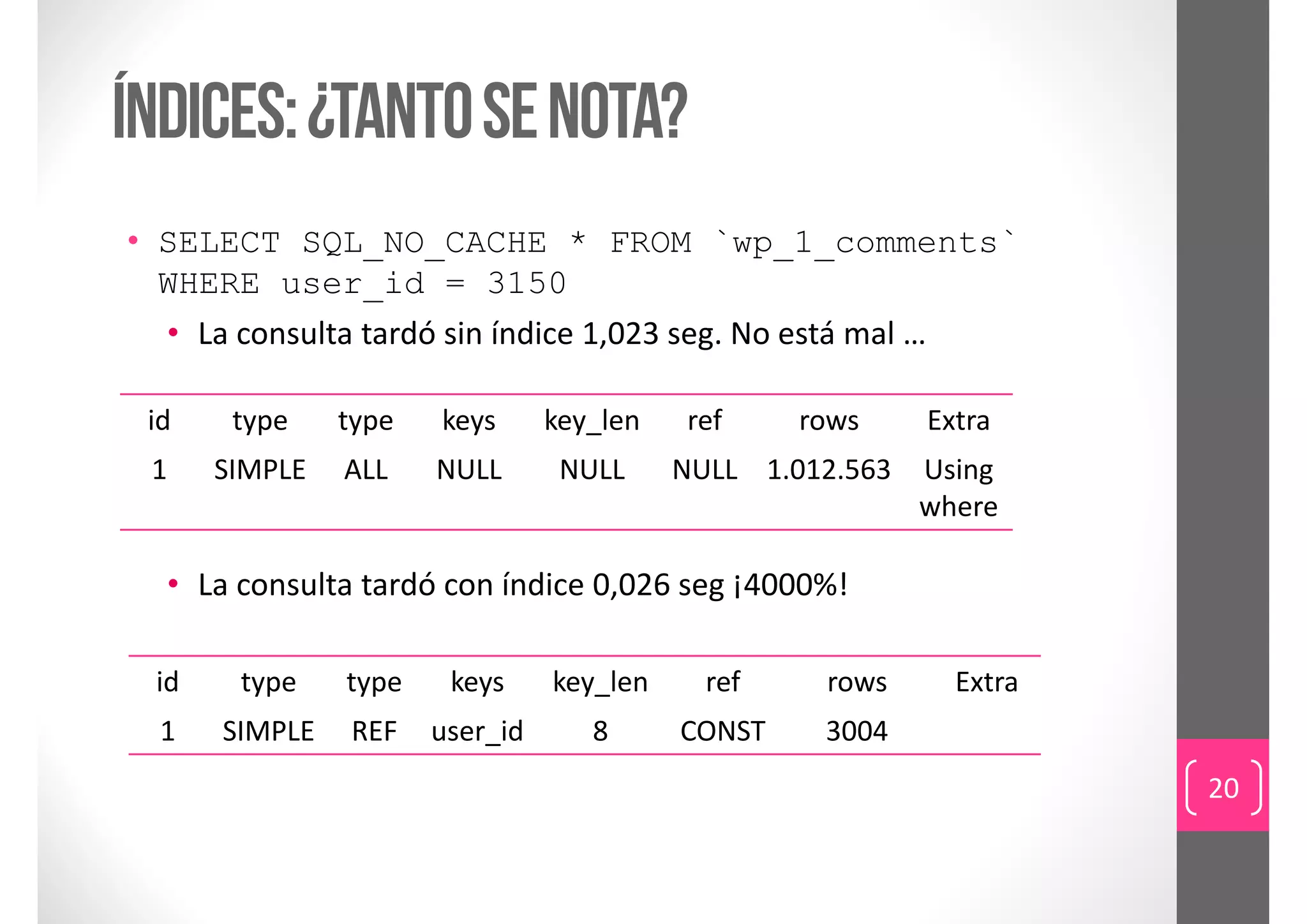 índices: ¿tanto se nota?
• SELECT SQL_NO_CACHE * FROM `wp_1_comments`
  WHERE user_id = 3150
  • La consulta tardó sin índice 1,023 seg. No está mal …

 id    type    type   keys      key_len   ref     rows     Extra
 1    SIMPLE   ALL    NULL       NULL     NULL 1.012.563   Using
                                                           where

  • La consulta tardó con índice 0,026 seg ¡4000%!

 id    type    type    keys     key_len     ref    rows      Extra
  1   SIMPLE   REF    user_id      8      CONST    3004
                                                                     20
 