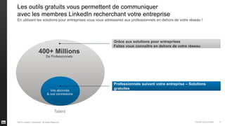©2014 LinkedIn Corporation. All Rights Reserved. TALENT SOLUTIONS
Les outils gratuits vous permettent de communiquer
avec les membres LinkedIn recherchant votre entreprise
En utilisant les solutions pour entreprises vous vous adresserez aux professionnels en dehors de votre réseau !
Grâce aux solutions pour entreprises
Faites vous connaitre en dehors de votre réseau
Professionnels suivant votre entreprise – Solutions
gratuites
Talent
400+ Millions
De Professionnels
Vos abonnés
& vos connexions
9
 