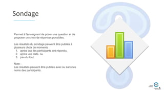 Permet à l’enseignant de poser une question et de
proposer un choix de réponses possibles.
Les résultats du sondage peuvent être publiés à
plusieurs choix de moments :
1. après que les participants ont répondu,
2. après une date, ou
3. pas du tout.
Note :
Les résultats peuvent être publiés avec ou sans les
noms des participants.
Sondage
 